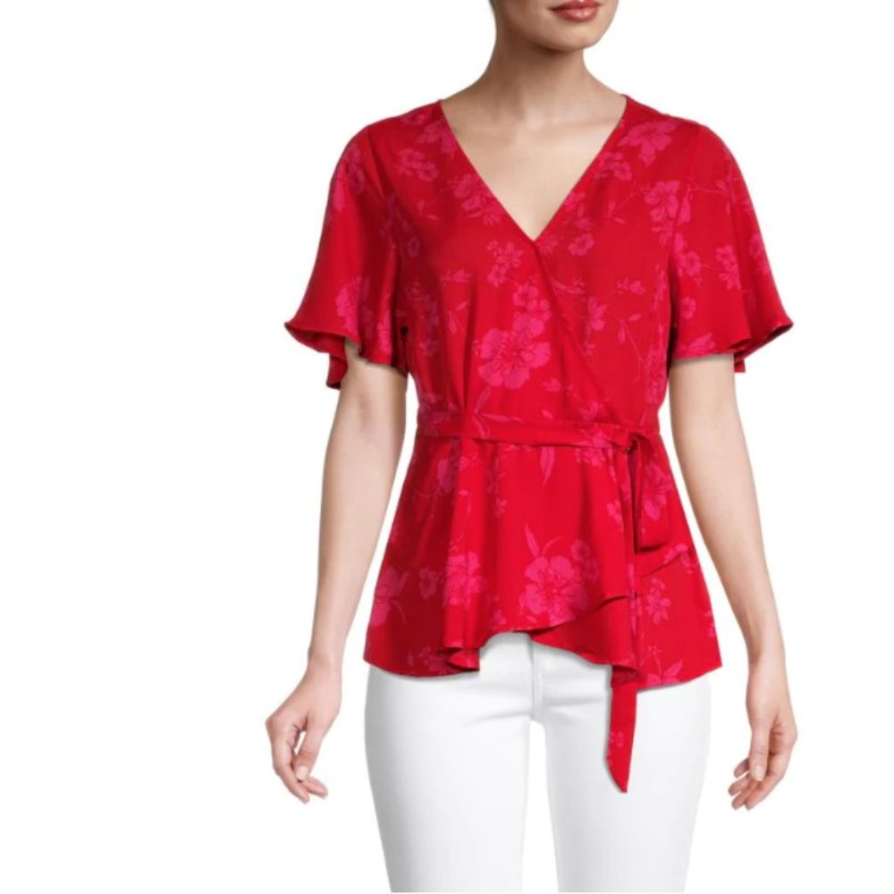 Bobeau | Angel Floral Wrap Top in red/hot pink (US size L)